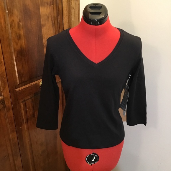 Carole Little V neck blouse, size SP, NWT, 3/4 sleeve, Pima cotton, stretch - Picture 1 of 3